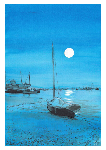Mersea, boat in the moonlight