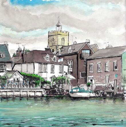 Wivenhoe from the water 1 – ink