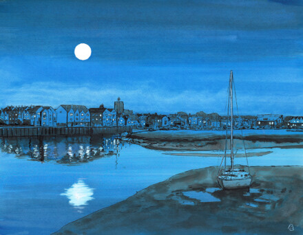 Wivenhoe from Rowhedge in the moonlight